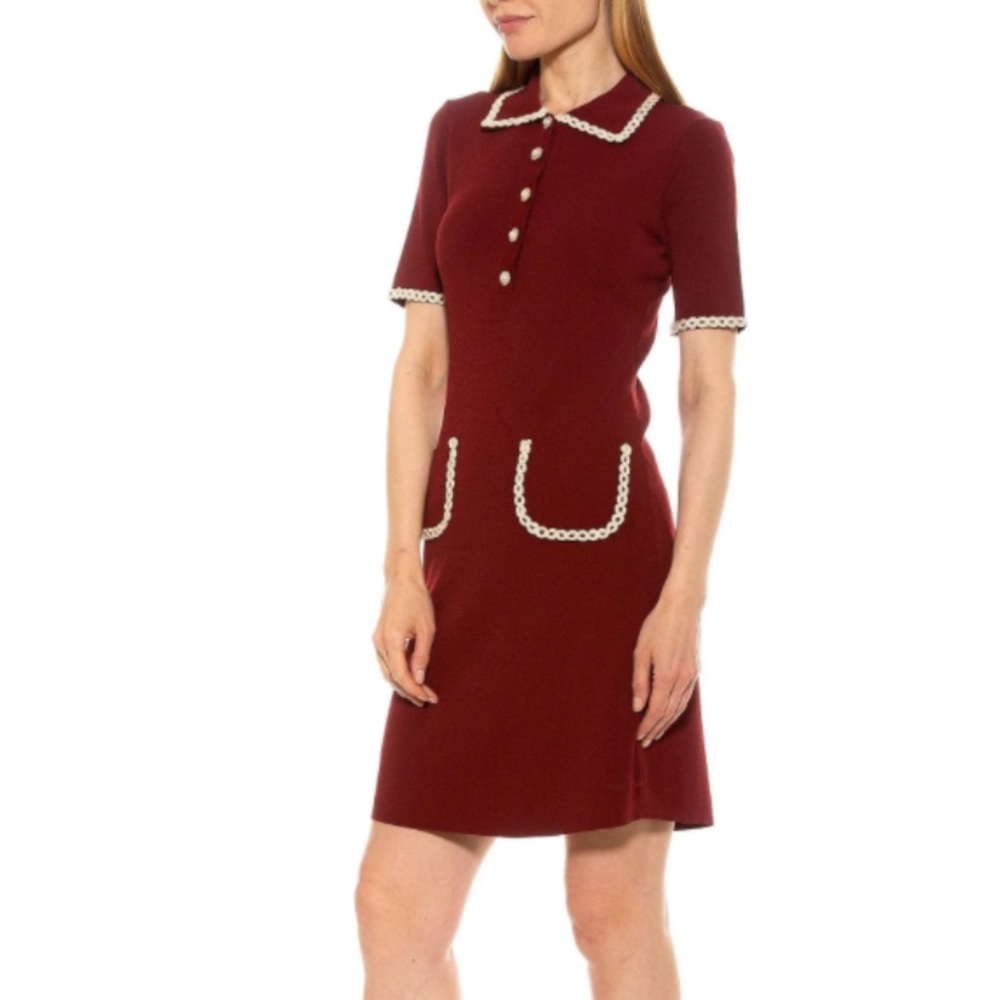 NWT Alexia Admor Burgundy Piper Short Sleeve Mod Shift Knit Dress with Piping - Picture 2 of 9